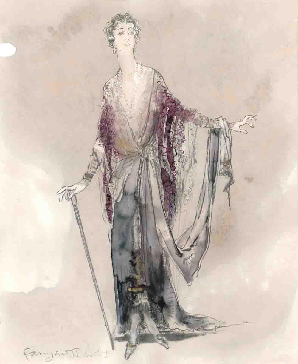 Sketch for Sada Thompson as Fanny Cavendish, The Royal Family, Act II, Watercolor/ Graphite/ Gouache/ Metallic marker/ Glitter on Bristol board, 14 x 17 inches